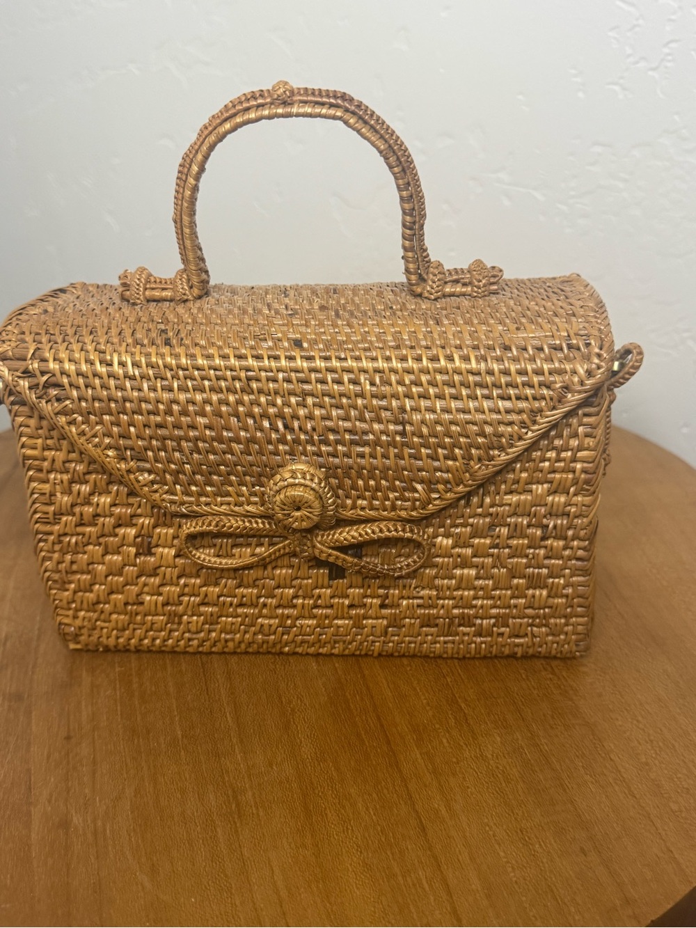 Anthropologie Woven Straw Top-Handle Bag in Tan and long strap